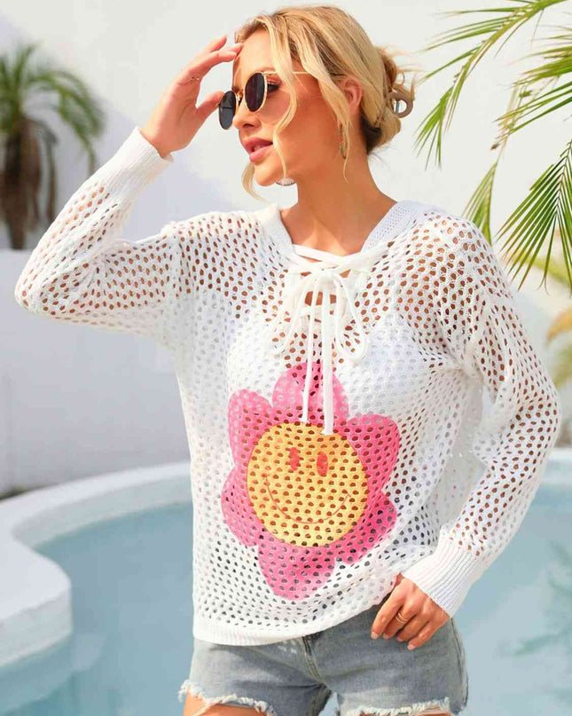 Flower Graphic Lace-Up Openwork Hooded Cover Up