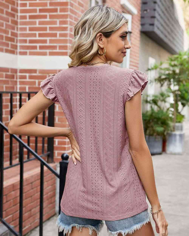 Eyelet Flutter Sleeve Scalloped V-Neck Top