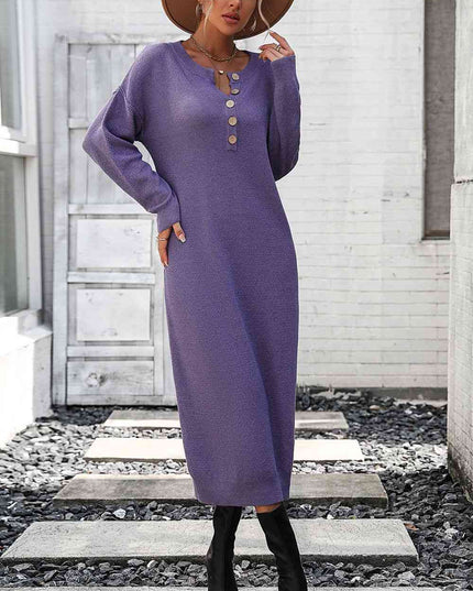 Notched Neck Dropped Shoulder Button-Down Midi Dress