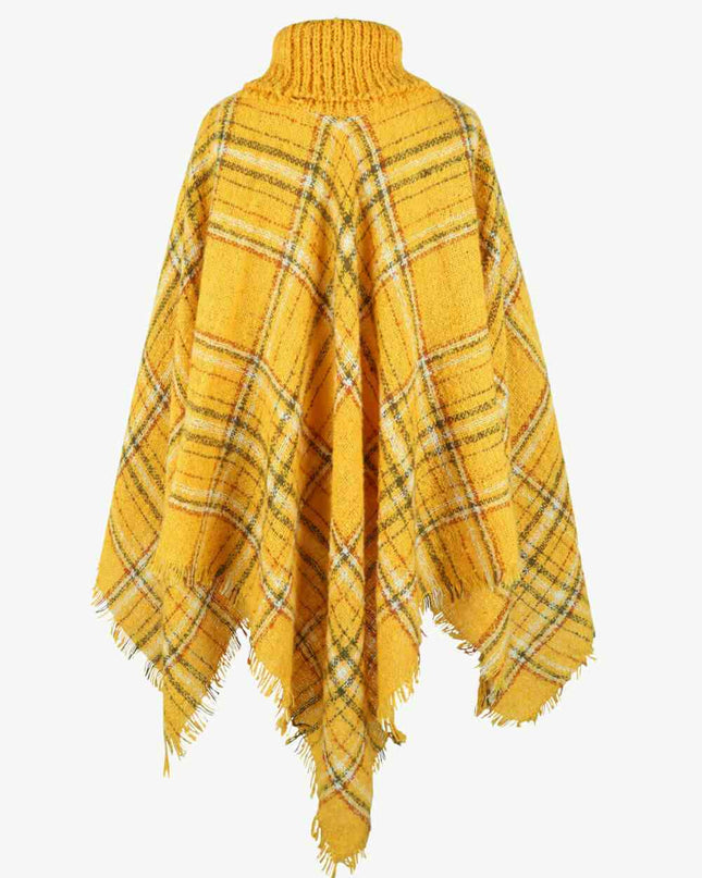Plaid Turtleneck Fringe Hem Poncho