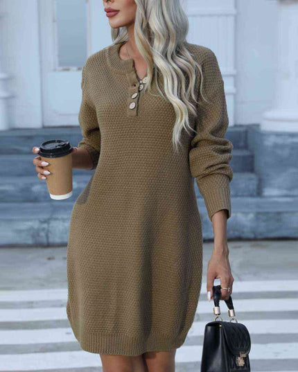 Buttoned Round Neck Long Sleeve Sweater Dress