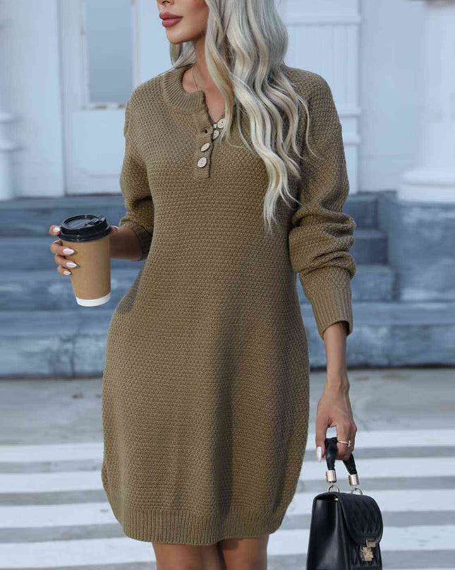 Buttoned Round Neck Long Sleeve Sweater Dress