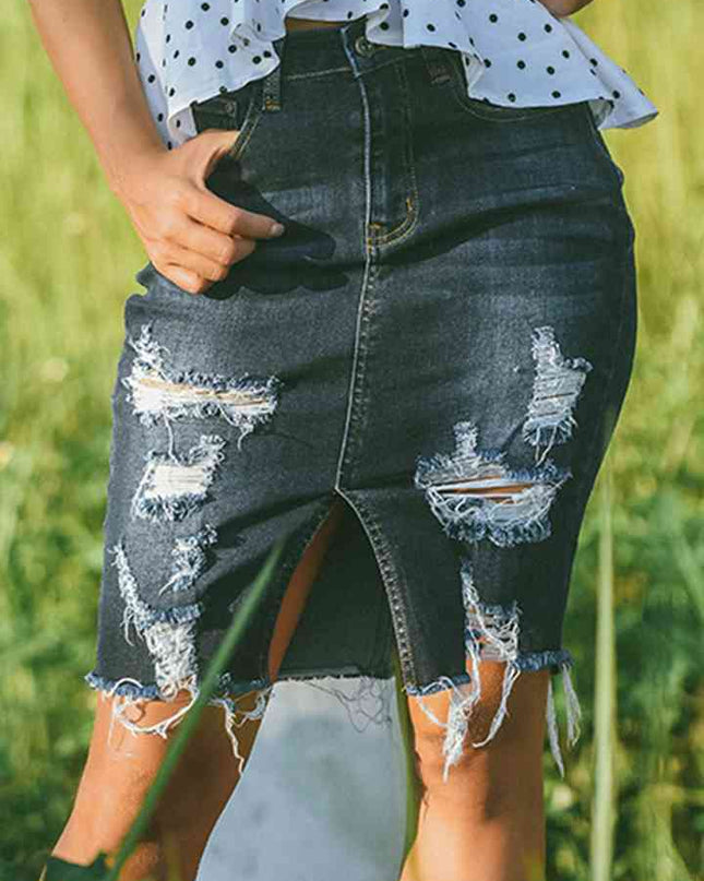 Full Size Distressed Slit Denim Skirt