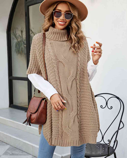 Cable-Knit Turtleneck Slit Sweater