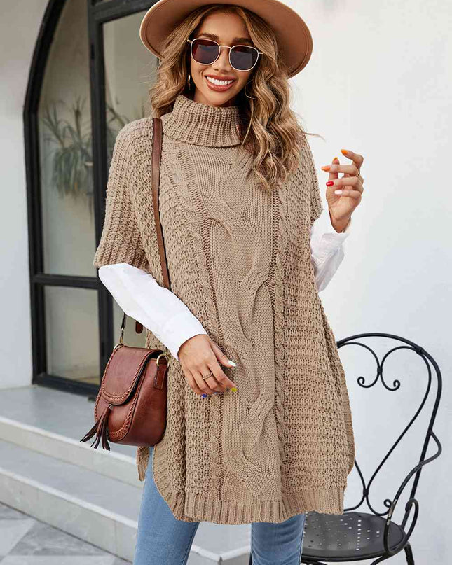 Cable-Knit Turtleneck Slit Sweater