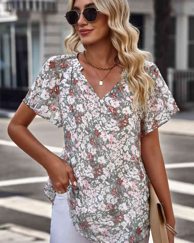 Floral Notched Neck Flutter Sleeve Blouse