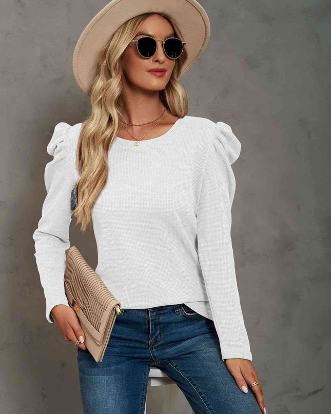 Waffle-Knit Puff Sleeve Round Neck Top