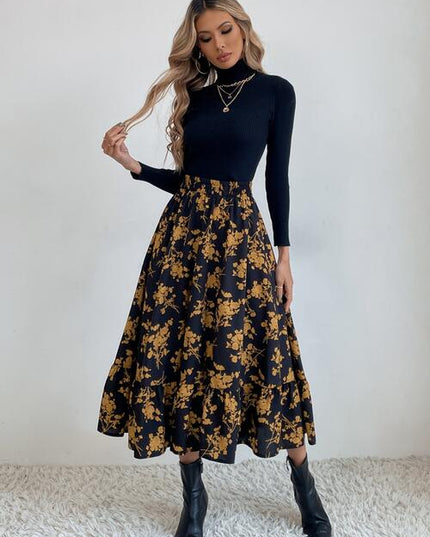 Printed Ruffle Hem Midi Skirt