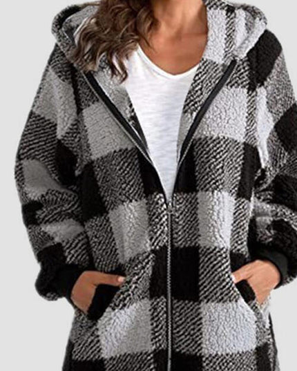 Plaid Zip Up Hooded Jacket with Pockets