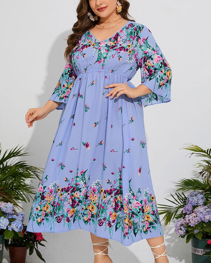 Plus Size Floral V-Neck Three-Quarter Sleeve Midi Dress