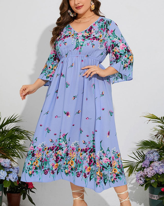 Plus Size Floral V-Neck Three-Quarter Sleeve Midi Dress