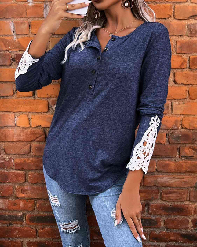 Half Button Lace Detail T-Shirt