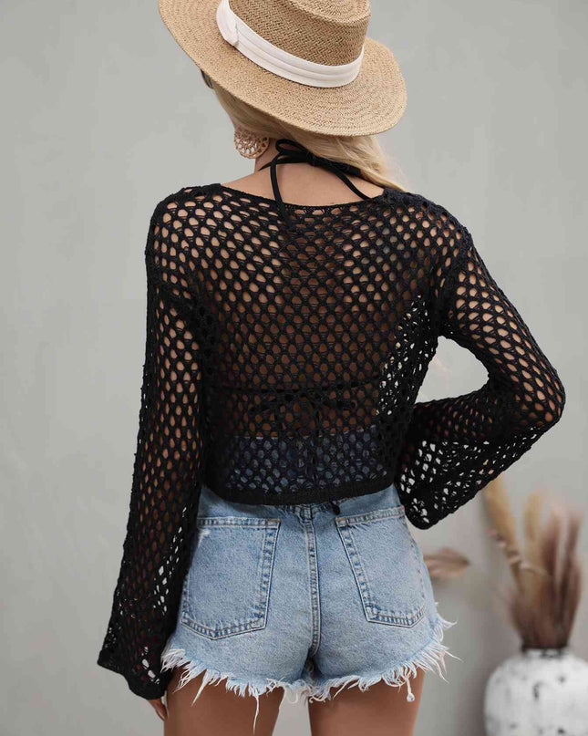 Openwork Flare Sleeve Cropped Cover Up