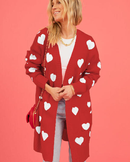 Heart Graphic Open Front Cardigan with Pockets