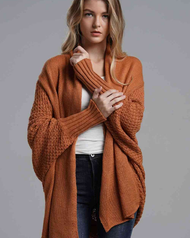 Double Take Dolman Sleeve Open Front Ribbed Trim Longline Cardigan