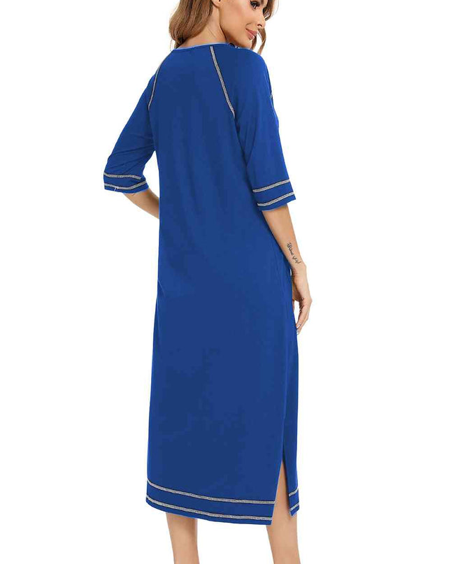 Zip Up Slit Round Neck Night Dress with Pockets
