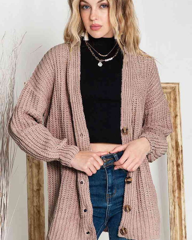Full Size Button-Up V-Neck Long Sleeve Cardigan
