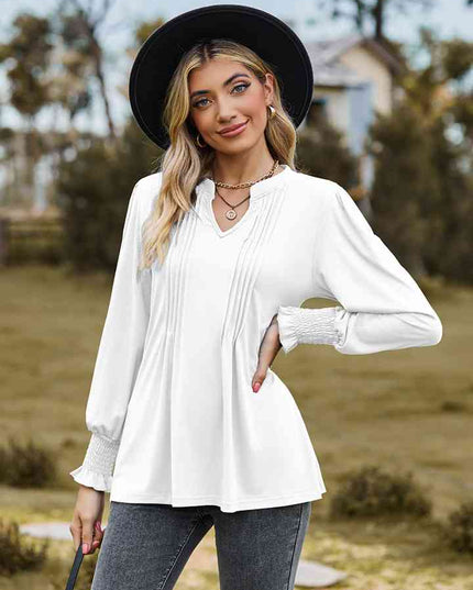 Notched Neck Flounce Sleeve Blouse