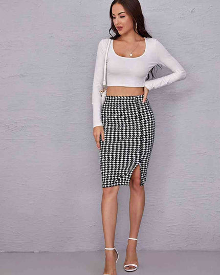 Houndstooth Slit Knee-Length Skirt