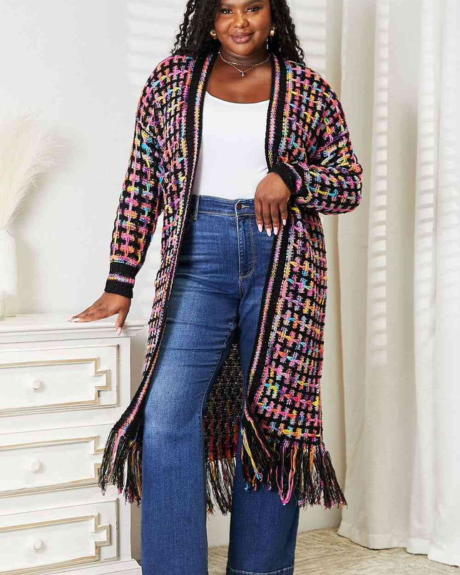 Double Take Full Size Multicolored Open Front Fringe Hem Cardigan