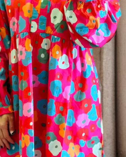 Printed Notched Raglan Sleeve Mini Dress