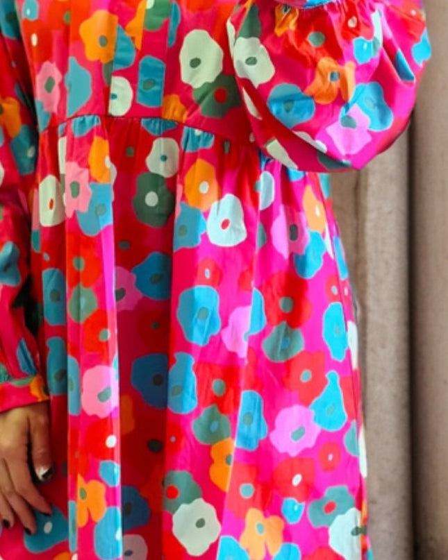 Printed Notched Raglan Sleeve Mini Dress