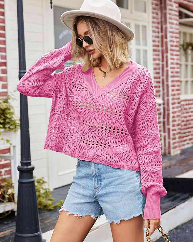 V-Neck Openwork Long Sleeve Sweater