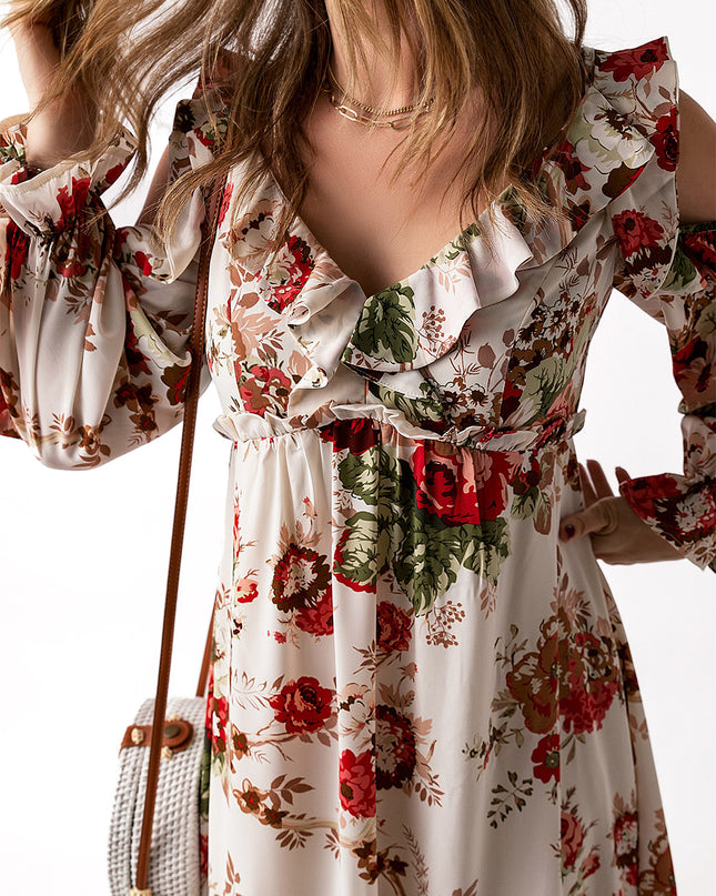 Floral Cold-Shoulder Ruffled Dress