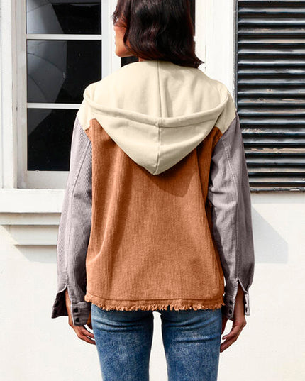 Contrast Drawstring Snap Down Raw Hem Hooded Jacket