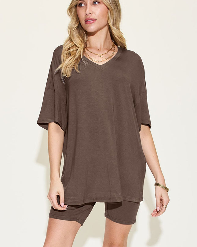 Basic Bae Full Size V-Neck Drop Shoulder Short Sleeve T-Shirt and Shorts Set
