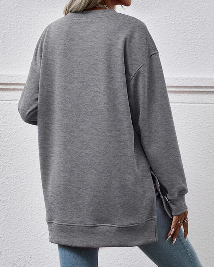 V-Neck Slit Long Sleeve Sweatshirt