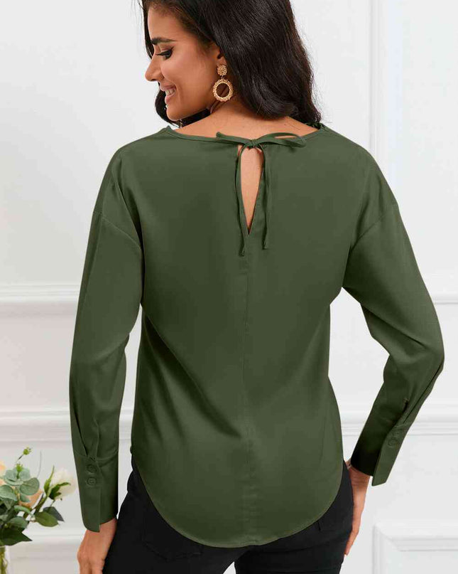 Cowl Neck Dropped Shoulder Long Sleeve Back Tie Blouse