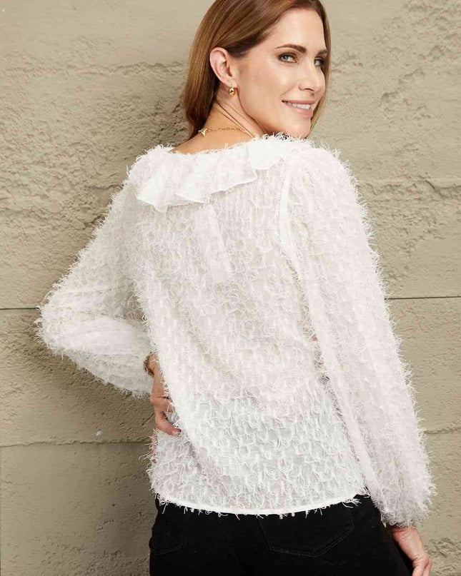 Double Take Ruffle Hem Fringe V-Neck Balloon Sleeve Blouse
