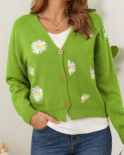 Flower Button Front Dropped Shoulder Cardigan