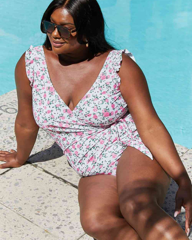 Marina West Swim Full Size Float On Ruffle Faux Wrap One-Piece in Roses Off-White