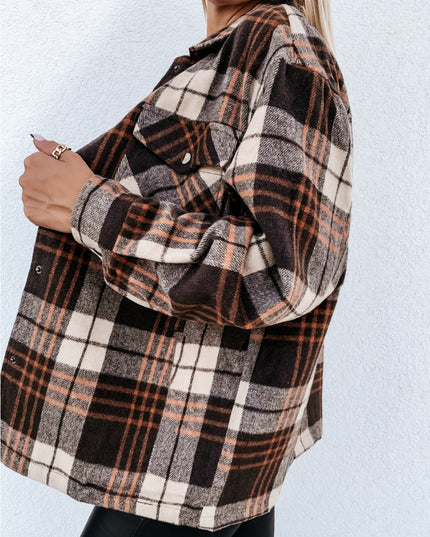 Pocketed Plaid Snap Down Dropped Shoulder Jacket
