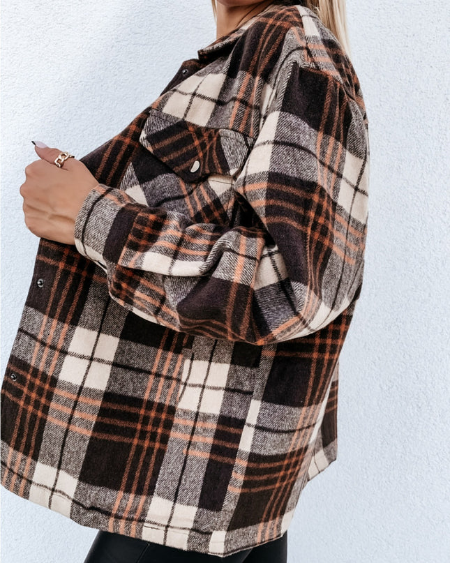 Pocketed Plaid Snap Down Dropped Shoulder Jacket