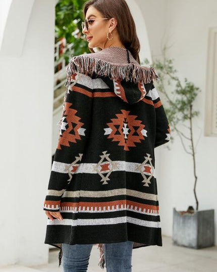 Fringe Geometric Hooded Long Sleeve Cardigan