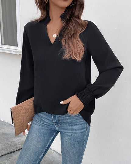 Smocked Notched Long Sleeve Blouse