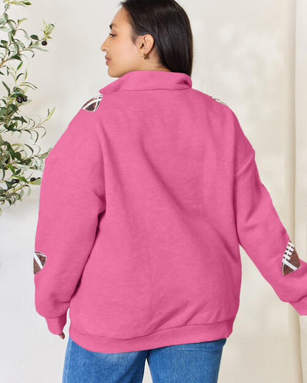 Double Take Full Size Sequin Football Half Zip Long Sleeve Sweatshirt