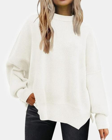 Round Neck Drop Shoulder Slit Sweater
