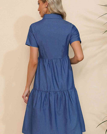 Short Sleeve Collared Button Down Denim Dress