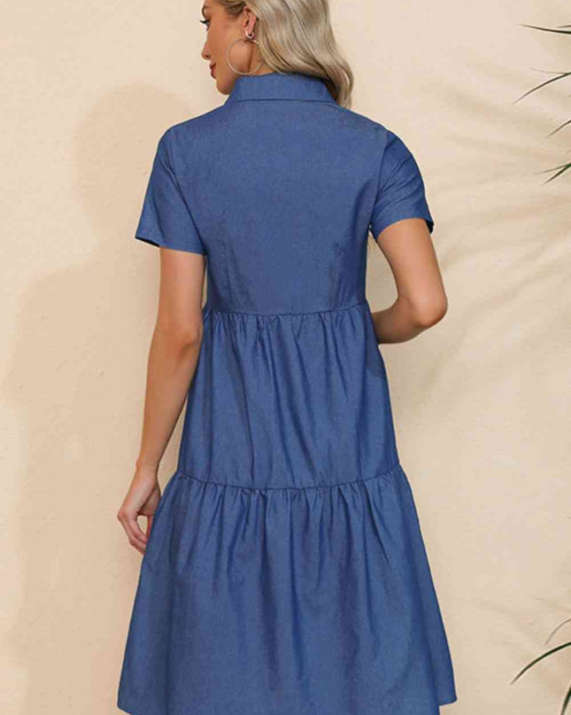 Short Sleeve Collared Button Down Denim Dress
