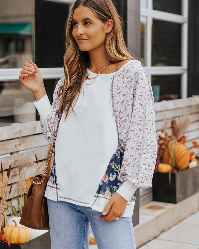 Floral Lantern Sleeve Round Neck Top