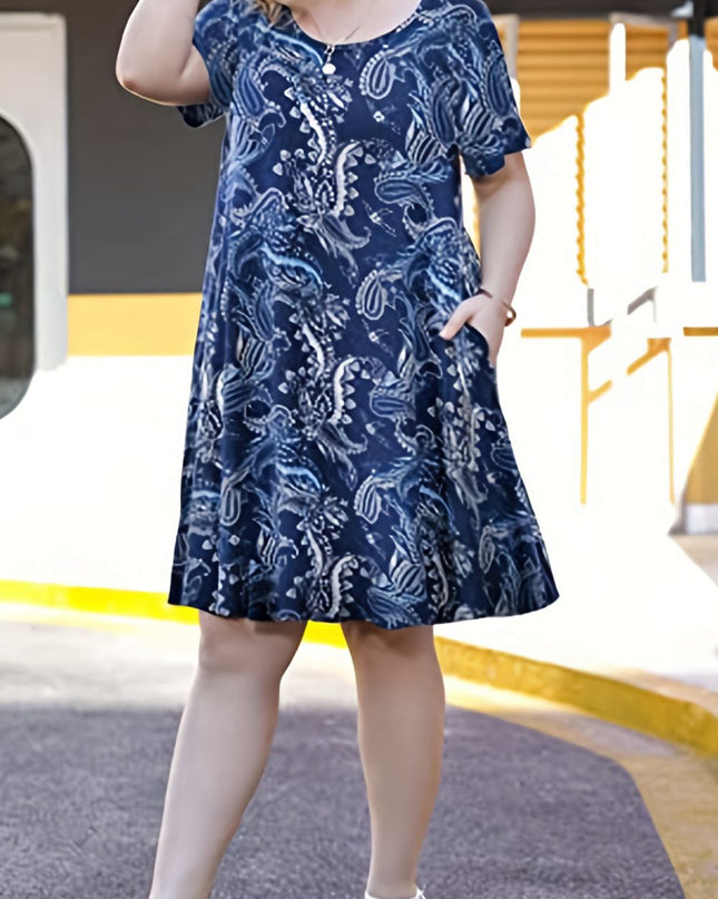 Plus Size Printed Round Neck Short Sleeve Dress
