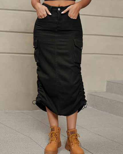 Drawstring Ruched Slit Denim Midi Skirt