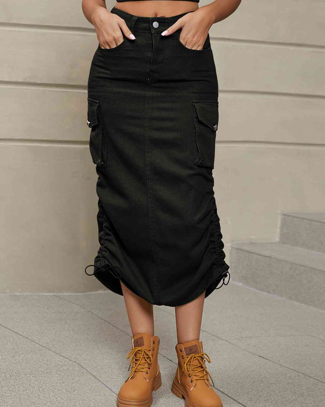 Drawstring Ruched Slit Denim Midi Skirt