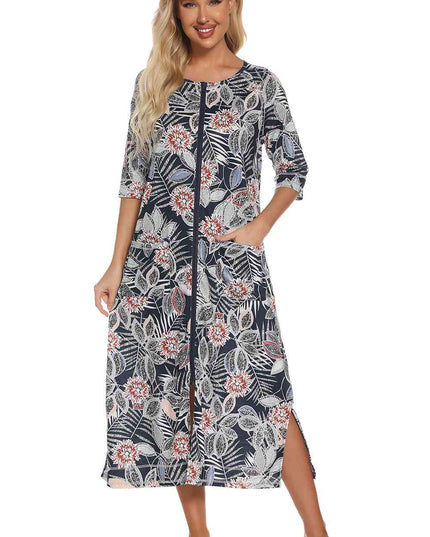 Printed Slit Night Dress with Pockets