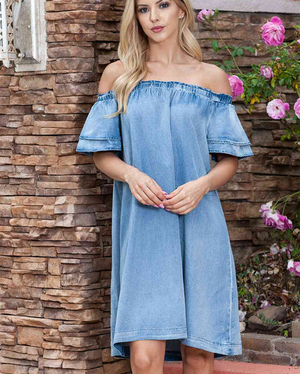 Off-Shoulder Knee-Length Denim Dress
