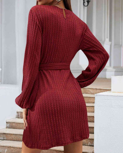 Round Neck Tie Front Long Sleeve Dress